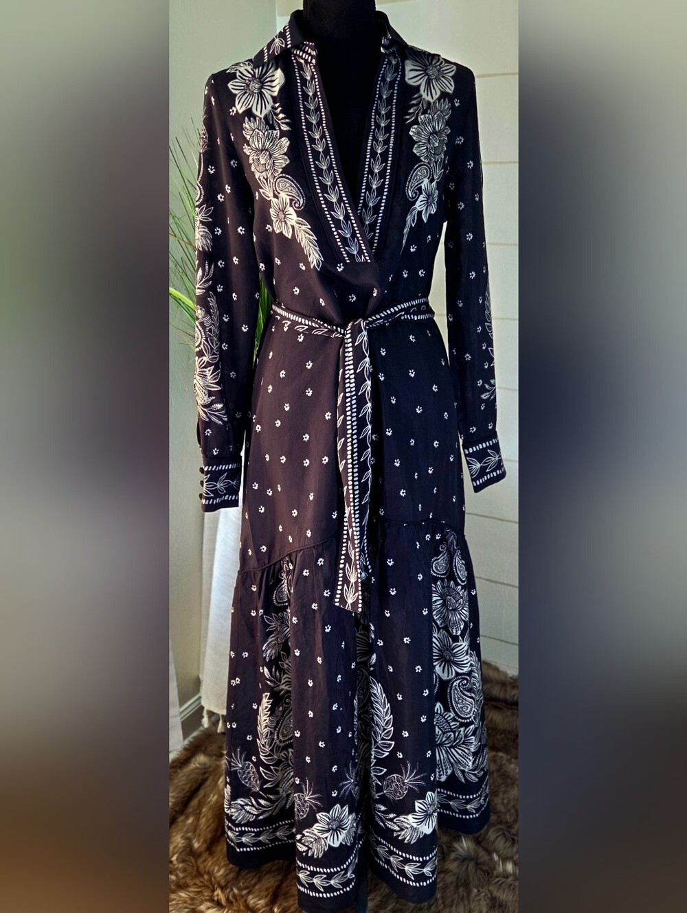FARM Rio Black Floral Paisley Bloom Cotton Blend Maxi Dress Small Western Boho